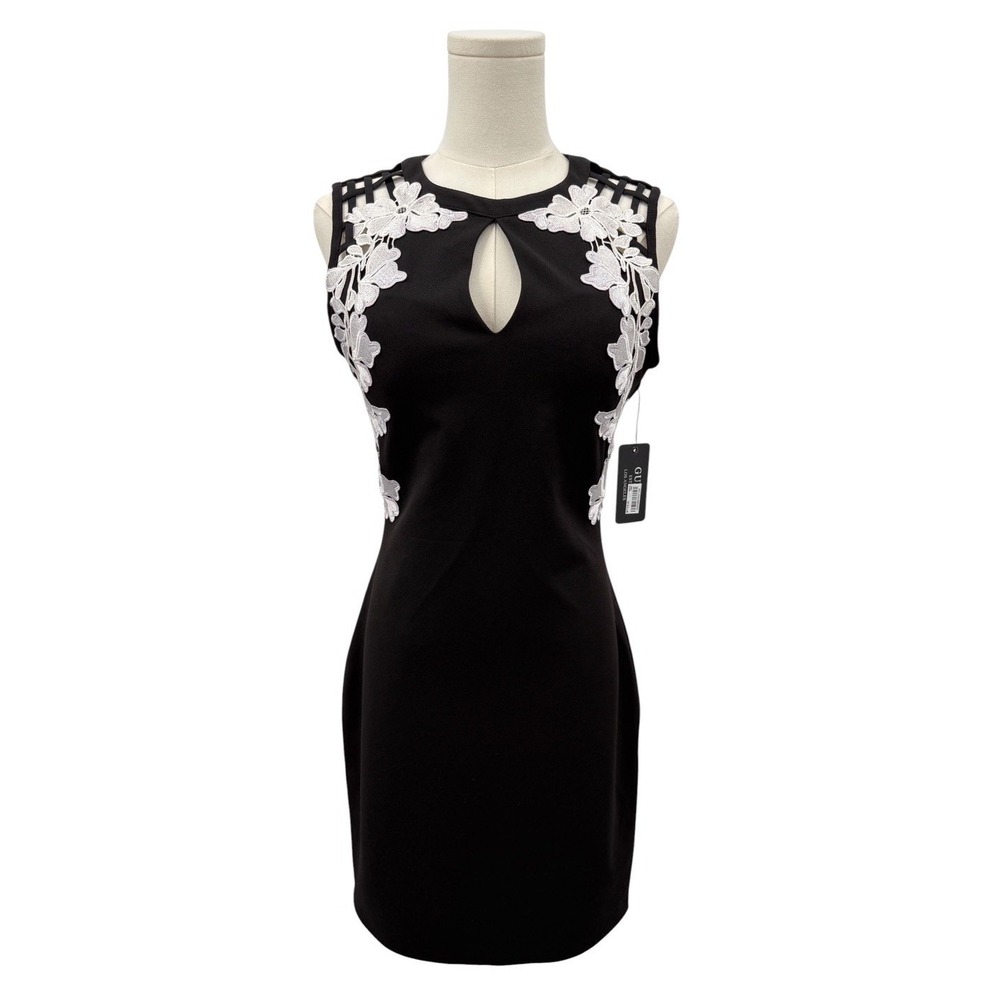 Guess Los Angeles Black Sheath Dress White Floral Embroidered Bodycon Size 4 NWT
